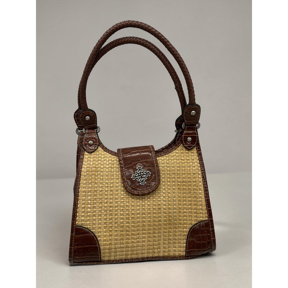 Straw Woven Shoulder Bag Boho Resort Coastal‎ Brown Faux Croc Jute Vinyl Medium